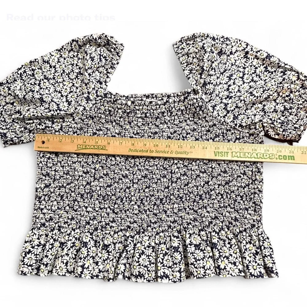 J CREW Black & White Daisy Print Blouse Square Neck Ruffle Hem XL, NWOT